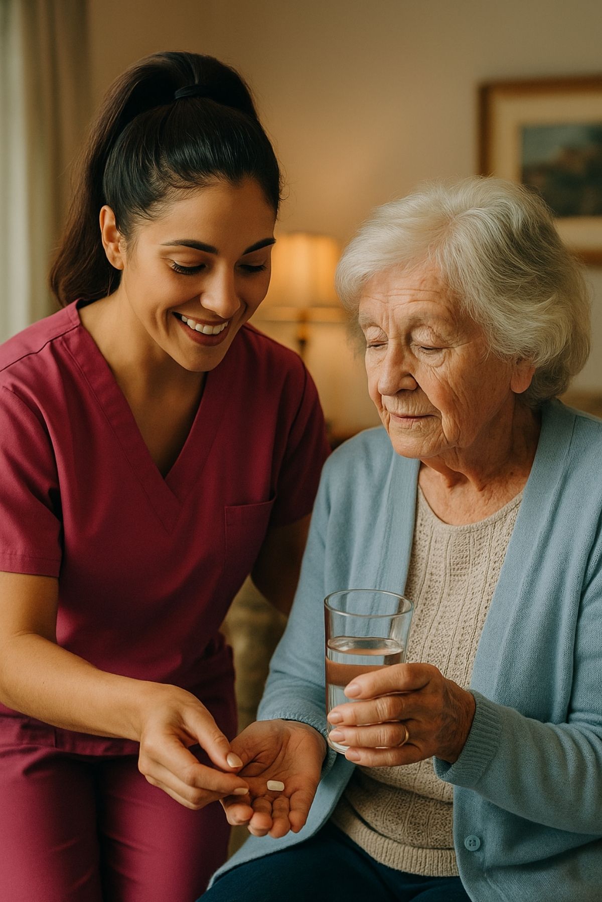 Create image of a home care giver in scrubs this color#CD7284 hugging an elderly man Size 1024x682 Background Elderly Home, Make Cinematic but not warn more bright for a website (3)